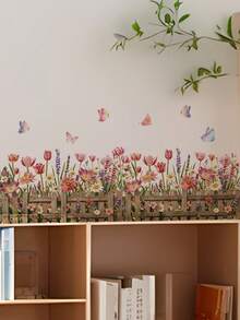 1pc Floral Fence Butterfly Tulip Daisy Lavender Wall Decor Sticker, Removable Room Decoration Wall Decal For Bedroom, Living Room, Entryway - 1PC - View 1