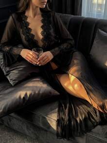 Women Black Sheer Mesh Kimono Robe Floral Lace V Back Flare Sleeve Tie Waist Maxi Loungewear - Black - View 3