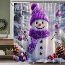 Christmas Snowman Shower Curtain Cute Purple Snowman Xmas Ball Snow Winter Holiday Fabric Bathroom Decor Set With Hooks, 70" WX70 H - Purple White - View 6