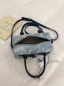 Nuevo bolso de mano de estilo coreano con bloques de color en denim para mujeres, bolso de hombro versátil, bolso pequeño de moda para ir al trabajo, bolso bandolera premium con colgante - Azul - Ver 6