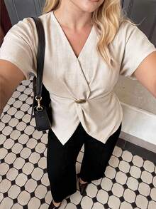 Dripcurv Plus-Size Women's Summer Elegant White Top,Loose Comfortable V-Neck Short-Sleeved Blouse,Metal Buckle Waist Knot Decoration Office Shirt - Apricot - View 4