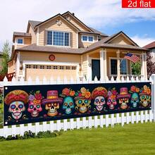 2d Plane Banner, 1 Piece, Mexican Day Of The Dead Courtyard Banner, Polyester Fiber, Candy Skull Pattern, Suitable For Indoor And Outdoor Garden Porch And Lawn Decoration. - 1 - View 2