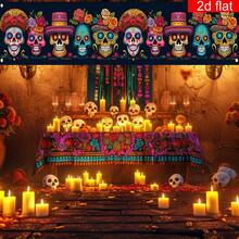 2d Plane Banner, 1 Piece, Mexican Day Of The Dead Courtyard Banner, Polyester Fiber, Candy Skull Pattern, Suitable For Indoor And Outdoor Garden Porch And Lawn Decoration. - 1 - View 5