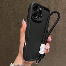 高品質磨砂黑手機殼，配對比色編織腕帶，適用於 S24 S25 Ultra S24 Plus A12 A13 A14 A23 A52 A34 A54 S20 FE S21 FE S23 Ultra / Apple 17/17 Air/17 Pro/17 Pro Max，防震防摔全相機保護殼，極簡腕帶，純色磨砂保護套 - 黑色 - 查看 3