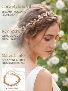 1pc Elegant Gold Crystal Leaf Bridal Headband With Ribbon, Exquisite Wedding Hair Accessory, Suitable For Bridesmaid, Prom Bridal Hair Accessory - Gold - View 3