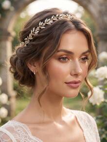 1pc Elegant Gold Crystal Leaf Bridal Headband With Ribbon, Exquisite Wedding Hair Accessory, Suitable For Bridesmaid, Prom Bridal Hair Accessory - Gold - View 2