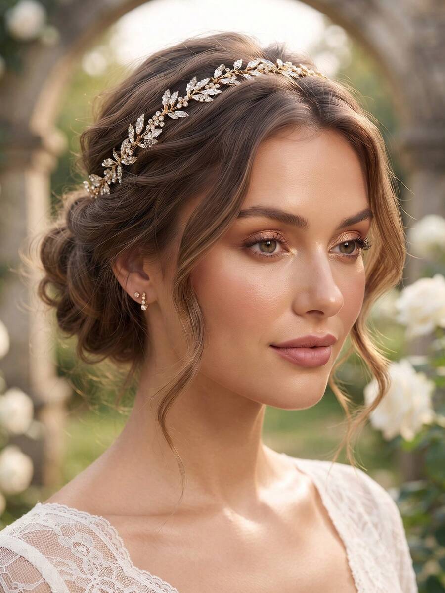1pc Elegant Gold Crystal Leaf Bridal Headband With Ribbon, Exquisite Wedding Hair Accessory, Suitable For Bridesmaid, Prom Bridal Hair Accessory