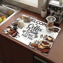 1pc Dish Drying Mat, Coffee Machine Mat, European Vintage Coffee Illustration Dish Drying Mat, Creative Tabletop Draining Mat, Cafe Decor Mat, Multi-Purpose Desktop Absorbent Drying Mat, Room Desktop Protection Mat, Holiday Gift, Kitchen Decor - XYLSD708 - View 3