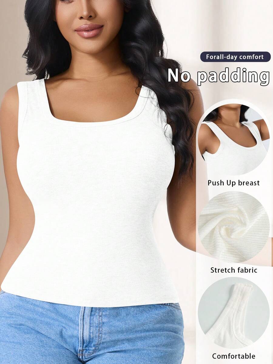 CELILIN Camiseta de tirantes anchos sin tensión, cuello cuadrado, cintura acanalada con relleno incorporado, capa base versátil y estilizada - Blanco - Ver 1
