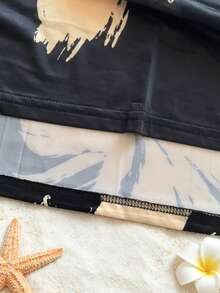 Damen Blumen Patchwork trägerlos Bandeau Kleid, Sommer Strandüberwurf Schwarz Urlaub Elegant - Schwarz - Übersicht 7