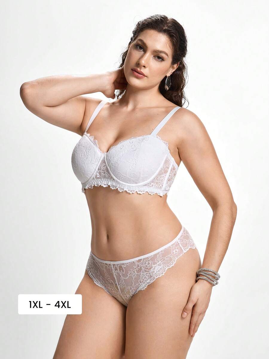 Slumbrini Plus Size Women's Solid Color Lace Underwire Bra & Panty Lingerie Set, Lift White Lingerie - White - View 1