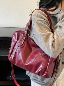 1pc Vintage Large Capacity Handbag, Vintage PU Shoulder Messenger Bag, Women Casual Tote Bag And Wallet, New Fashionable Big Bags For Women, New Arrival Tote Bags For Woman - Burgundy - View 4