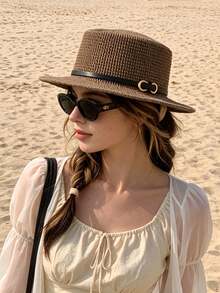 1pc Women's Straw Hat, Bohemian Polyester Fiber Fashion Outdoor New Style, Wide Brim Personalized Sun Protection Breathable Solid Color Straw Hat Suitable For Daily Outdoor Travel - Multicolor - View 5