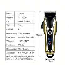 Máquina Cortar Cabelo Profissional Turbo Sem Fio Visor LCD KM-1990 Recarregável - Preto - Visão 10