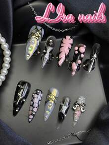 10pcs Handmade Fully Covered Stiletto Nails Press On Nails,Black Fake Nails,Glossy Minimalist Y2K Cool Harajuku Reusable,With Jelly Glue&Nail File,Suitable For Daily Festival Party Cosplay,Girly Wild Animal Print Edgy Cute Retro Manicure Gift - Black - View 2