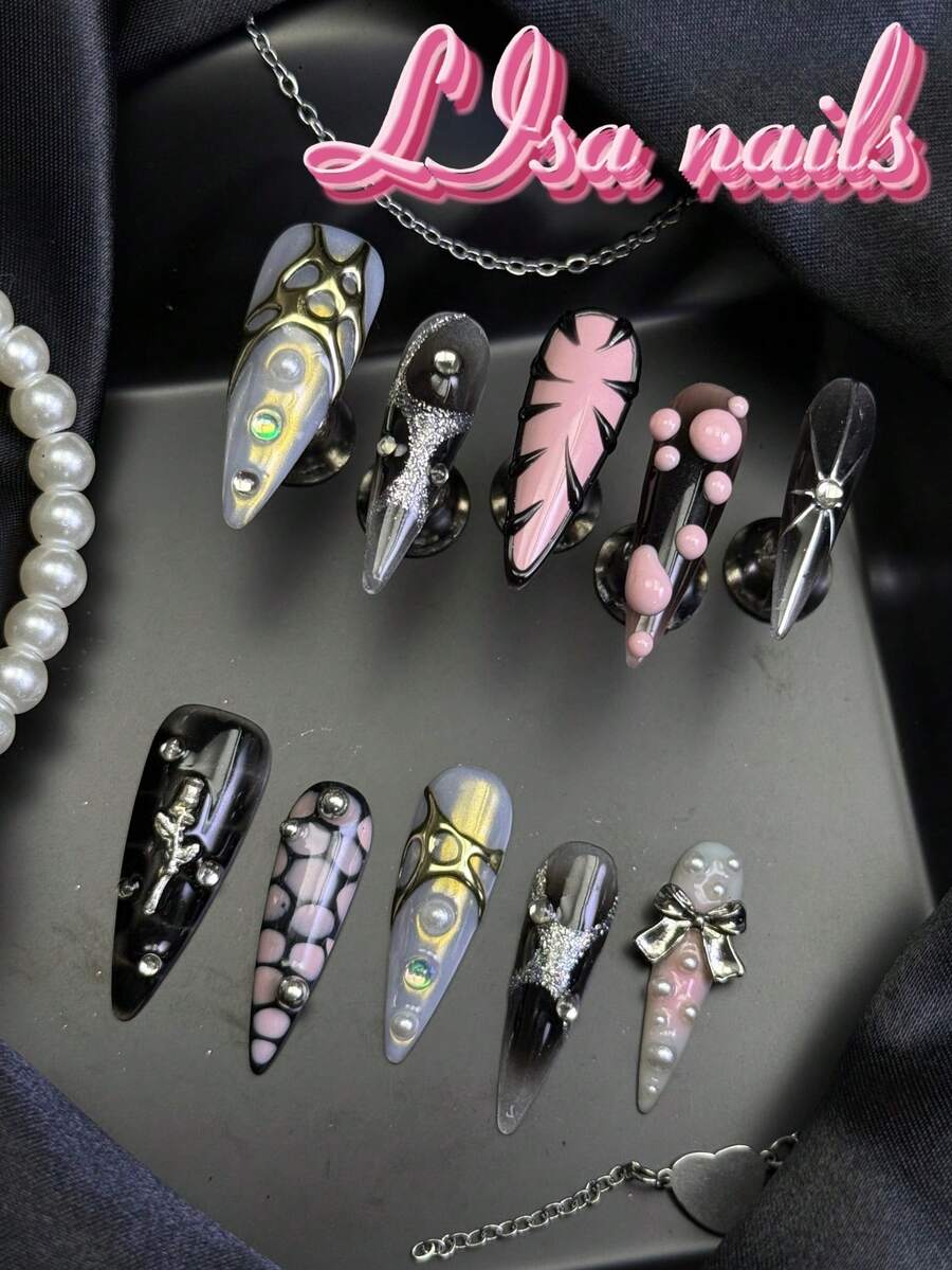 10pcs Handmade Fully Covered Stiletto Nails Press On Nails,Black Fake Nails,Glossy Minimalist Y2K Cool Harajuku Reusable,With Jelly Glue&Nail File,Suitable For Daily Festival Party Cosplay,Girly Wild Animal Print Edgy Cute Retro Manicure Gift