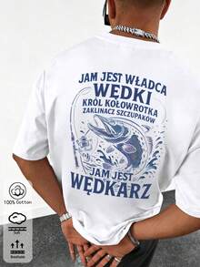 T-shirt da uomo a tinta unita con girocollo, maniche corte e vestibilità ampia, in cotone, lettere gotiche, personaggio rock nero e bianco, Esperto Pescatore in Acqua Salata - Bianco - Visualizzare 2