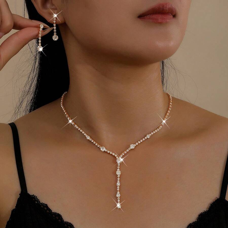 珠寶套組 極簡風水鑽女款耳環與項鍊 3件組 婚禮飾品 銀色鍍層項鍊 - 金色 - 查看 1