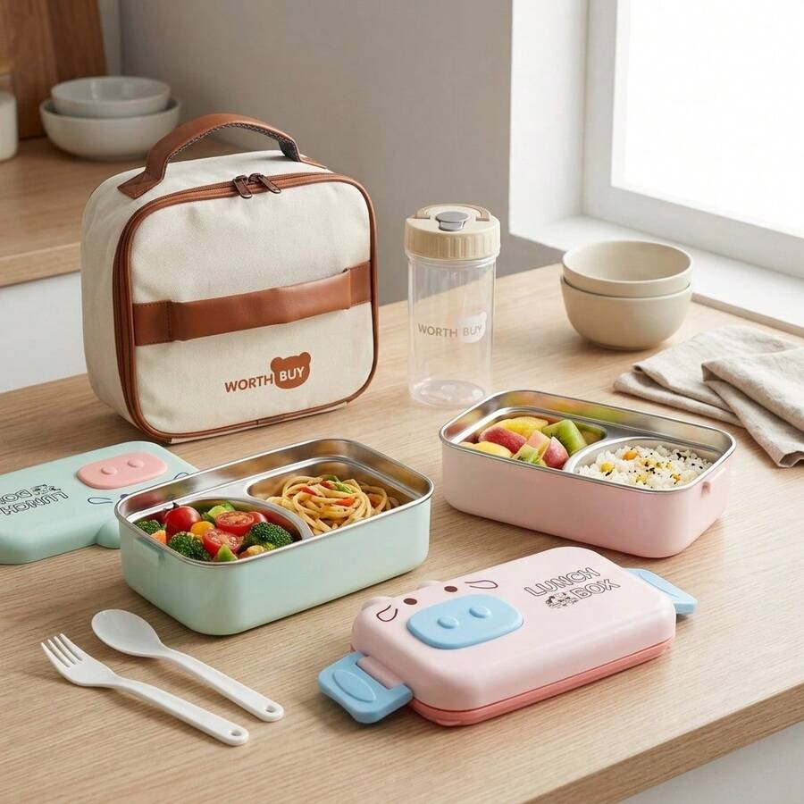 304 Stainless Steel Bento Box Adult, Microwavable Lunch Containers For School Student, 3 Compartment Meal Prep Containers, Divided Food Storage Containers With Lids, Insulated Metal Lunch Box With Utensils, Travel Snack Containers - Multicolor - View 1