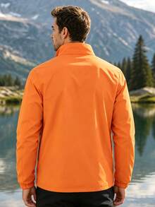 Men's Solid Orange Stand Collar Zip-Up Outdoor Jacket, Lightweight Mesh Lining, With Zippered Pockets, Suitable For Hiking, Camping, And Casual Wear. - Orange - View 3