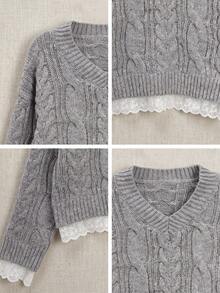 Sweater Rajut Kabel Leher V dengan Hiasan Renda - Pullover Longgar yang Nyaman untuk Musim Gugur, Cocok untuk Gaya Kasual Sehari-hari dan Kampus di Musim Gugur - Grey - View 11