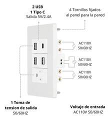 Multitoma Portátil Mazoom E-BC Contacto Doble Estándar Americano Integrado 4 Puertos USB y 1 Tipo C para Hogar y Oficina Color Blanco - Tipo de Enchufe A USA (110-127V) - Ver 2