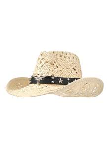 1 pieza Sombrero de vaquero de paja hueca, banda tejida de ganchillo transpirable, ala ancha vintage, accesorio de vibra enérgica, adecuado para festival de música y vacaciones en la playa - sombrero de paja - Ver 4