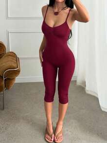 性感 Y2K 女款露背串珠收腰修身短版連身褲，適合日常通勤、約會、街頭穿搭等多場合，夏季款 - 酒紅色 - 查看 3