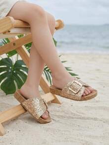 1 Pair Fashionable New Girls' Champagne Gold Glitter Single Strap Soft Sole Sandals, Adjustable Metal Buckle Slides, Summer Non-Slip Soft Sole Princess Slippers, Suitable For 3-16 Years Old Medium To Large Children Birthday Party, Beach Vacation, Beach Play, Versatile Outdoor Wear Sweet Style Casual Beach Shoes - Gold - View 5