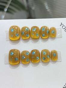 10Pcs Handmade Short Oval Press On Nails, Translucent Golden Yellow Cat Eye, Tiny Blue Flower Sequins & Fine Silver Glitter, Bright Fresh Minimal Cool Daily Nails - Camel - View 1