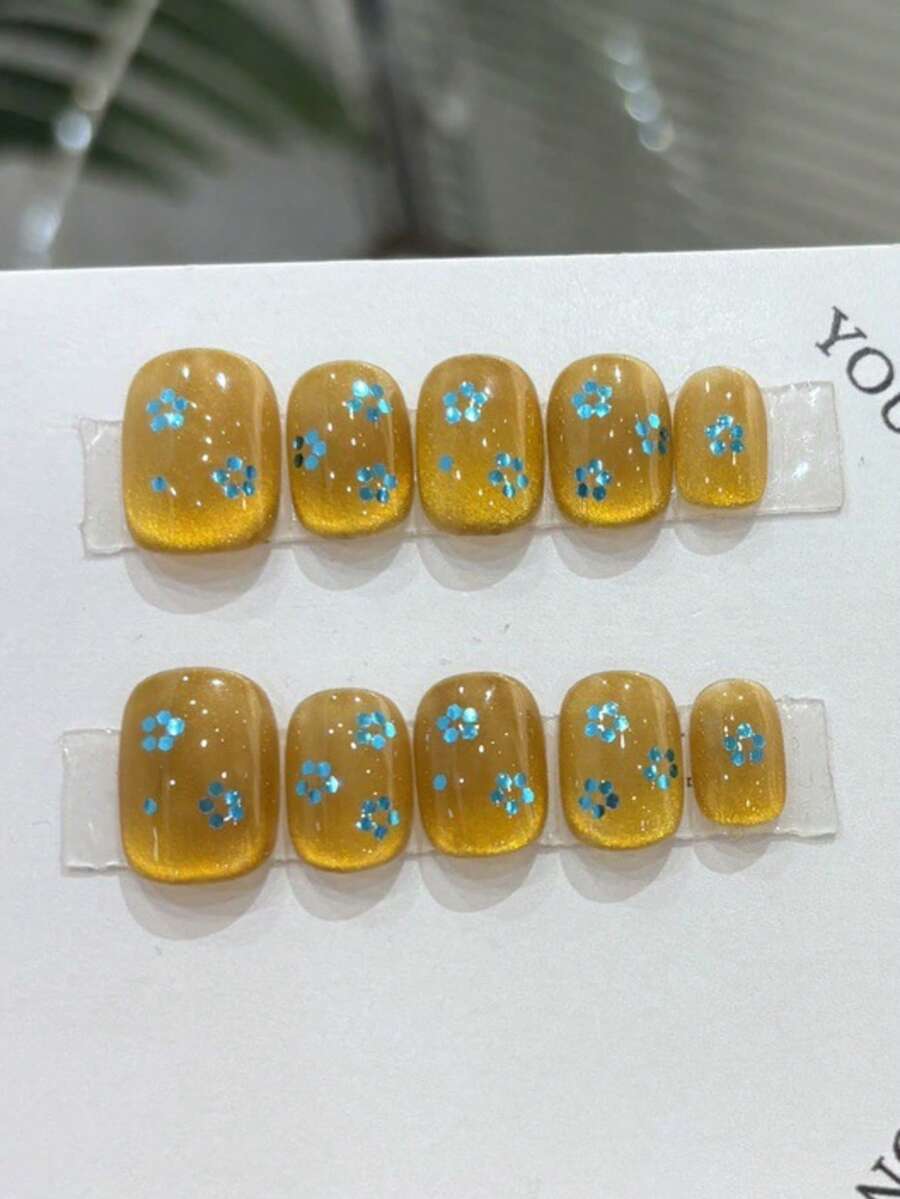 10Pcs Handmade Short Oval Press On Nails, Translucent Golden Yellow Cat Eye, Tiny Blue Flower Sequins & Fine Silver Glitter, Bright Fresh Minimal Cool Daily Nails - Camel - View 1