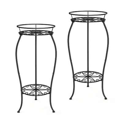 FaithLand Paquete de 2 soportes de metal para plantas, soporte alto para macetas para interiores y exteriores, estante de soporte redondo de 2 niveles, estante de exhibición de esquina, color negro