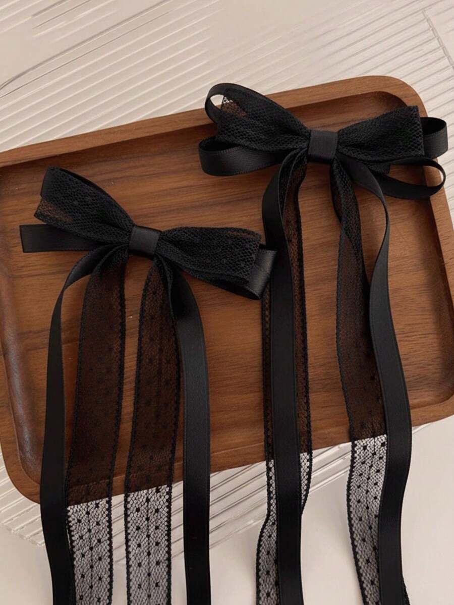 2pcs Elegant Lace & Satin Ribbon Bow Hair Clips, Exquisite Long Tail Hair Clips, Suitable For Ponytail, Braided Hair And High-End Hairstyles - Black - View 1