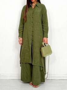 Women's Spring/Autumn Fashion Casual Lapel Long Sleeve Solid Color Top And Solid Color Long Pants 2-Piece Set - Olive Green - View 5