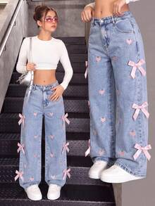 1pc Girls Bow Decor Heart Embroidery Wide Leg Loose Casual Y2K Street Style Denim Jeans - Light Wash - View 1