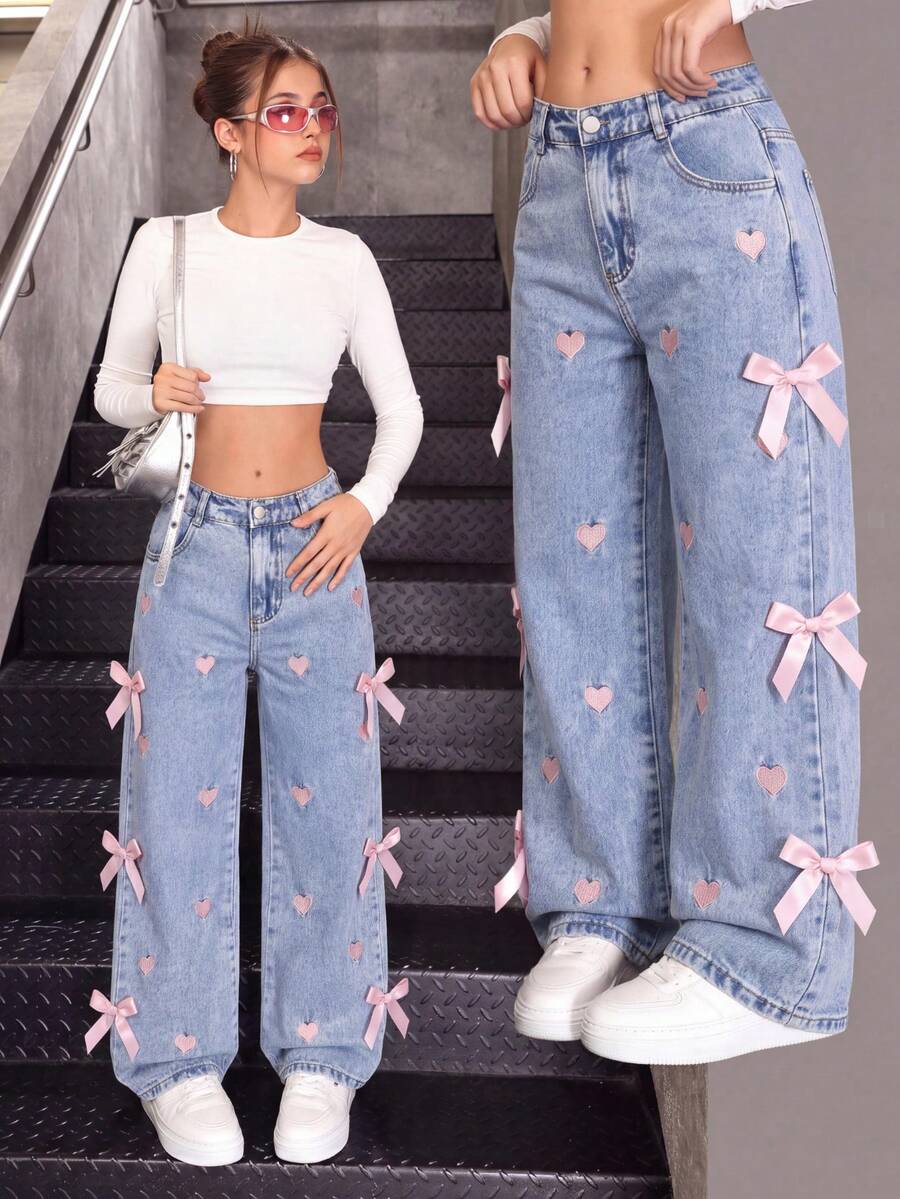 1pc Girls Bow Decor Heart Embroidery Wide Leg Loose Casual Y2K Street Style Denim Jeans - Light Wash - View 1