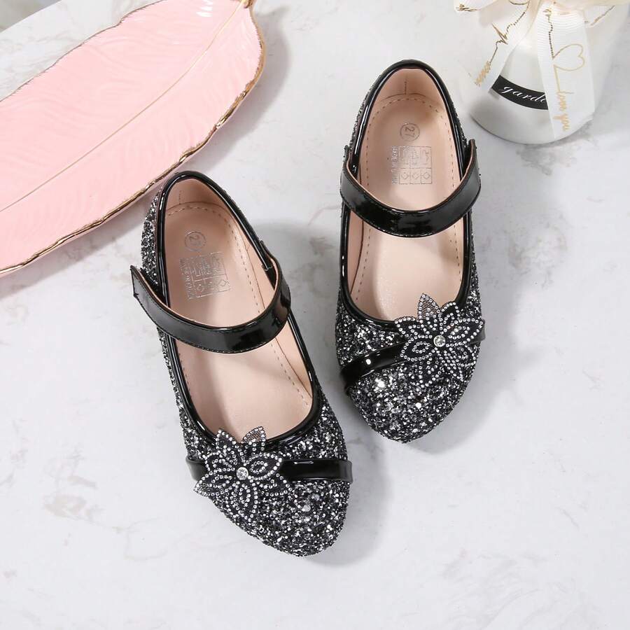 1 Pair Girls' Glitter Round Toe Shoes With 3D Rhinestone Flower Decor, Hook & Loop Strap For Easy Wear And Secure Fit, Casual Versatile Princess Heel Shoes - Black - View 1