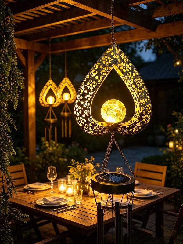 1pc Solar Powered Heart-Shaped Wind Chime Light - Weatherproof Outdoor Decoration, Suitable For Garden, Porch And Patio, LED Lighting Wind Chime With Automatic Dusk To Dawn Sensor