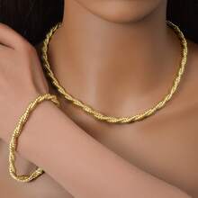 2 Stücke Vintage 14K vergoldetes Kupfer Mehrsträngige verdrehte Gold Halskette Armband Schmuckset für Frauen tägliche Party Kleidung - Gold - Übersicht 2