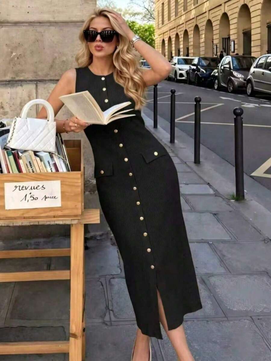 女款優雅時尚無袖圓領高彈力修身通勤百搭針織洋裝，春夏秋季黑色