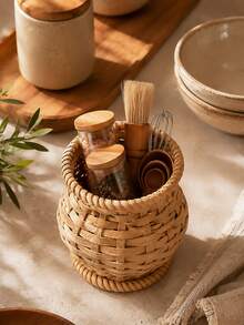 1pc Round Woven Rattan Kitchen Organizer, Wicker Utensil Holder And Countertop Storage Basket For Spatulas, Spoons, Whisks, Cutlery And Chopsticks - Multicolor - View 4