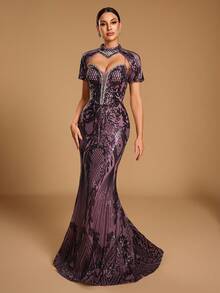 GIFORU Women's Elegant Romantic Deep V-Neck Rhinestone Mermaid Cocktail Dress, Sequin Decorated Party Long Gown, Unique Fashion Wedding Fall - Lilac Purple - View 7