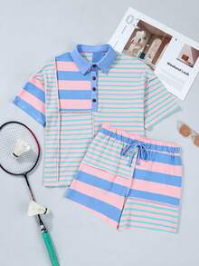 Boho Retro 90's Cotton Stripe Button Drop Shoulder Dolman Henley Top & Pants Shorts Set - 彩色 - 查看 4
