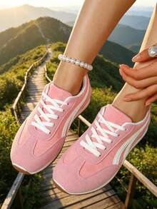 Zapatillas deportivas planas con cordones para mujer, nuevas y populares para primavera/otoño, ligeras y cómodas, zapatos deportivos casuales versátiles para campus, correr, estudiantes, viajes y caminatas - Rosa - Ver 3