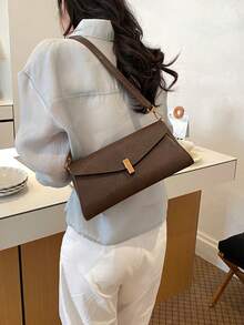 Vintage Brown Textured Flap Bag With Metal Chain Underarm Bag, Luxury Versatile Commuter Shoulder Handbag - Coffee - View 4