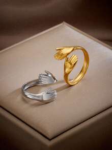 RAYQUEEN 1pc Stainless Steel Personalized Palm Hug Open Ring, Gold/Silver Finger Jewelry For Women, Suitable For Daily Wear - Palm Type - View 1