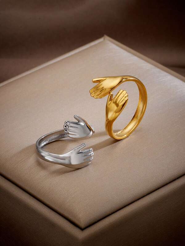 RAYQUEEN 1 Stück personalisierter offener Palm-Hug-Ring aus Edelstahl, Gold/Silber, Finger-Schmuck für Frauen, geeignet für den täglichen Gebrauch