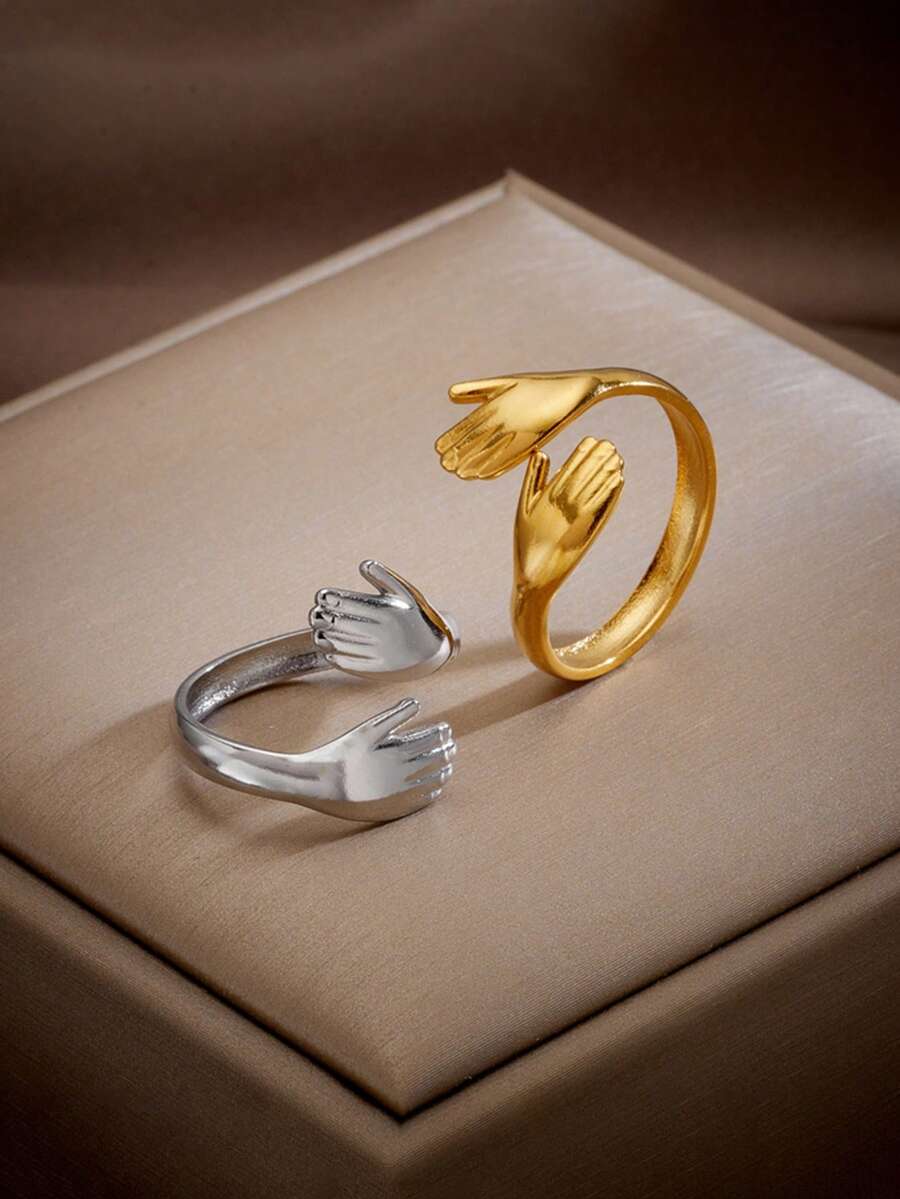 RAYQUEEN 1pc Stainless Steel Personalized Palm Hug Open Ring, Gold/Silver Finger Jewelry For Women, Suitable For Daily Wear - Palm Type - View 1