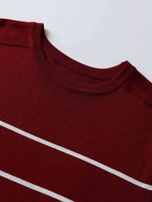 Camvyn Men's Summer Comfortable Casual Crew Neck Raglan Sleeve Striped Slim Fit Short Sleeve T-Shirt - Burgundy - View 3