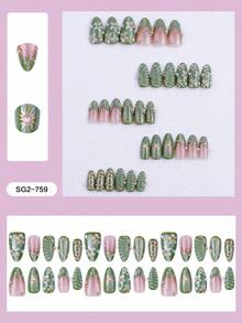 10片中號杏仁形穿戴式假指甲，裸色與亮綠色配白色花卉、金色漩渦線條、3D貝殼與珍珠裝飾設計，精緻亮面壓克力假指甲套組，適合女性與女孩日常工作、約會及節日派對 - 彩色 - 查看 3
